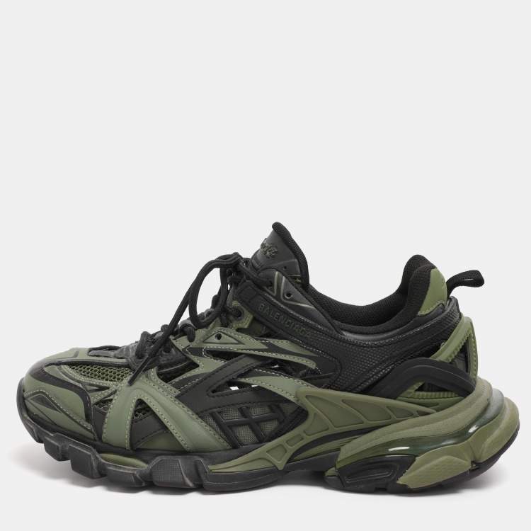 Pre Owned Balenciaga Green/Black Faux Leather and Mesh Track Low Top Sneakers Size 41