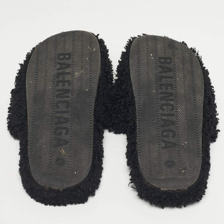 Pre Owned Balenciaga Black Shearing Logo Flat Slides Size 37