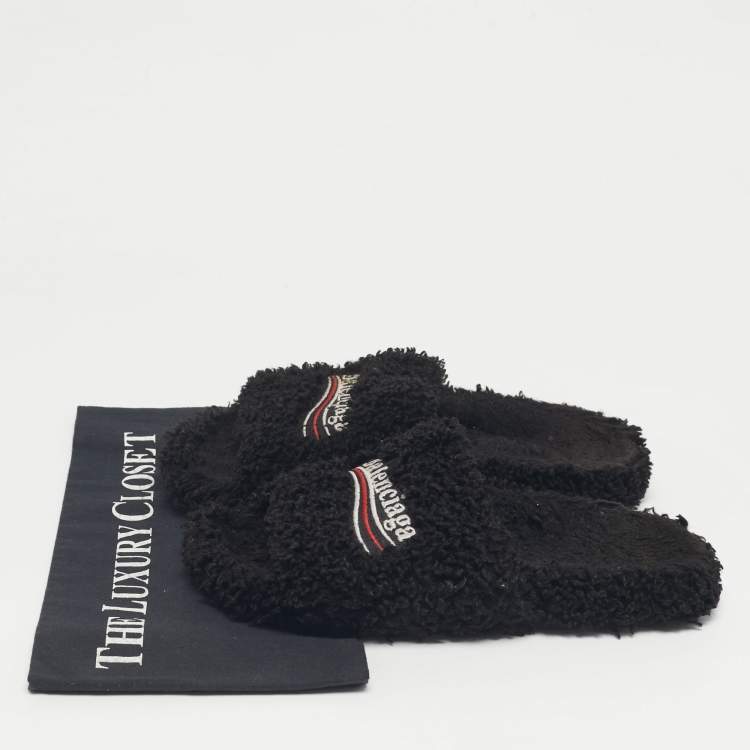Pre Owned Balenciaga Black Shearing Logo Flat Slides Size 37