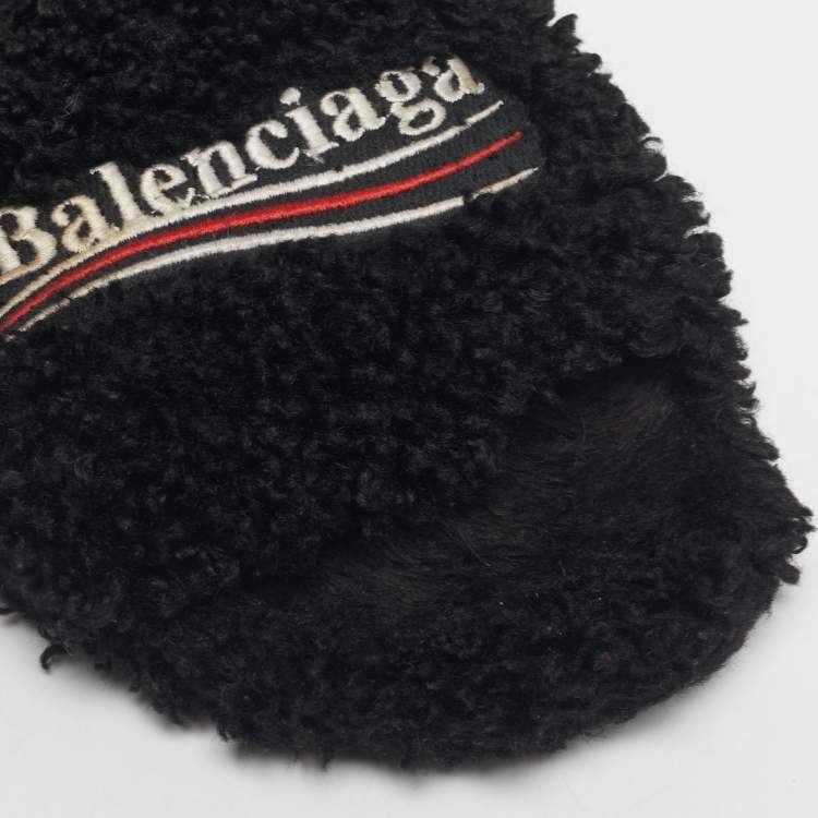 Pre Owned Balenciaga Black Shearing Logo Flat Slides Size 37