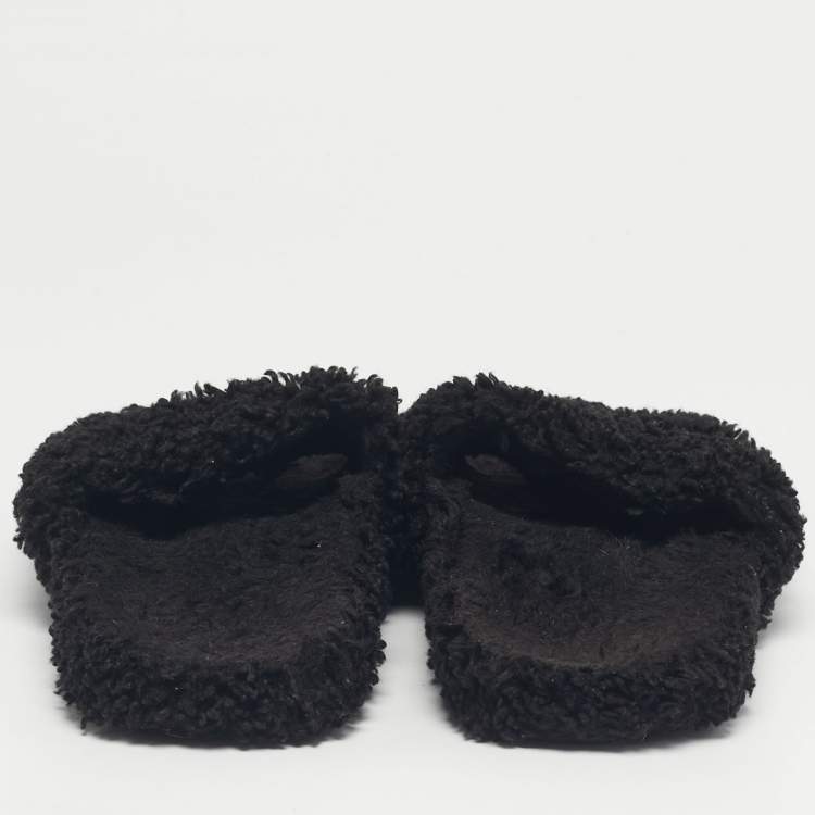 Pre Owned Balenciaga Black Shearing Logo Flat Slides Size 37