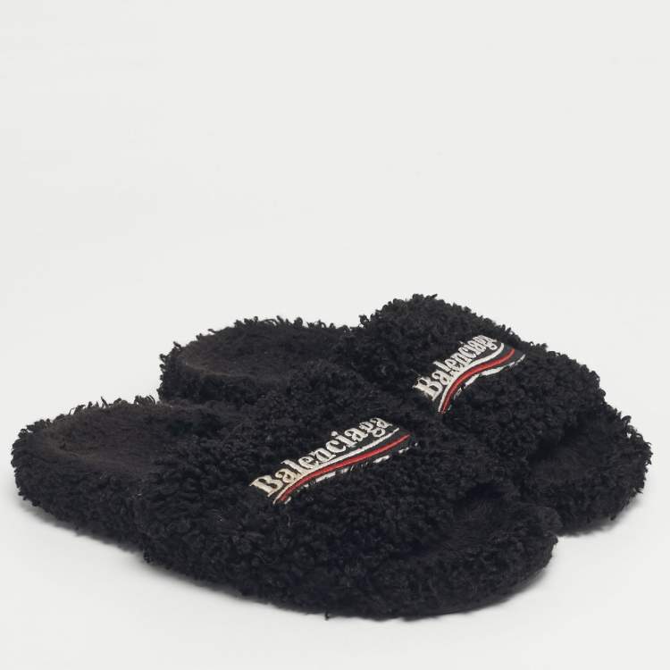 Pre Owned Balenciaga Black Shearing Logo Flat Slides Size 37