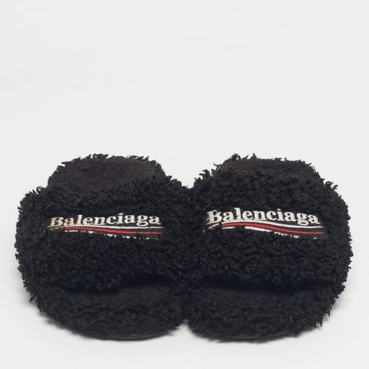 Pre Owned Balenciaga Black Shearing Logo Flat Slides Size 37