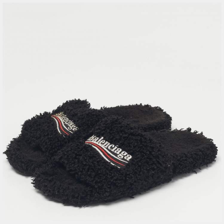 Pre Owned Balenciaga Black Shearing Logo Flat Slides Size 37