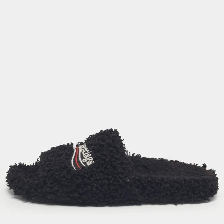Pre Owned Balenciaga Black Shearing Logo Flat Slides Size 37