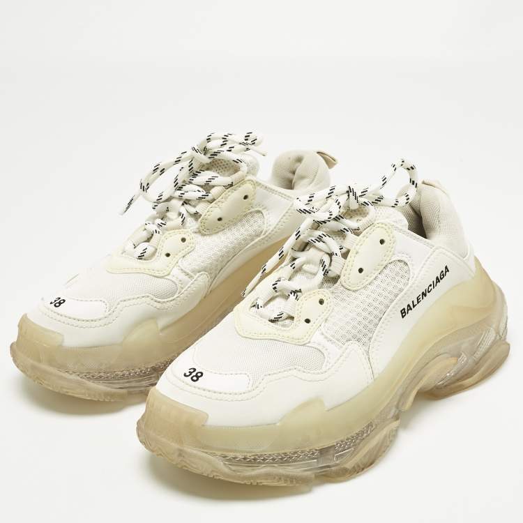 Pre Owned Balenciaga White Faux Leather and Mesh Triple S Sneakers Size 38