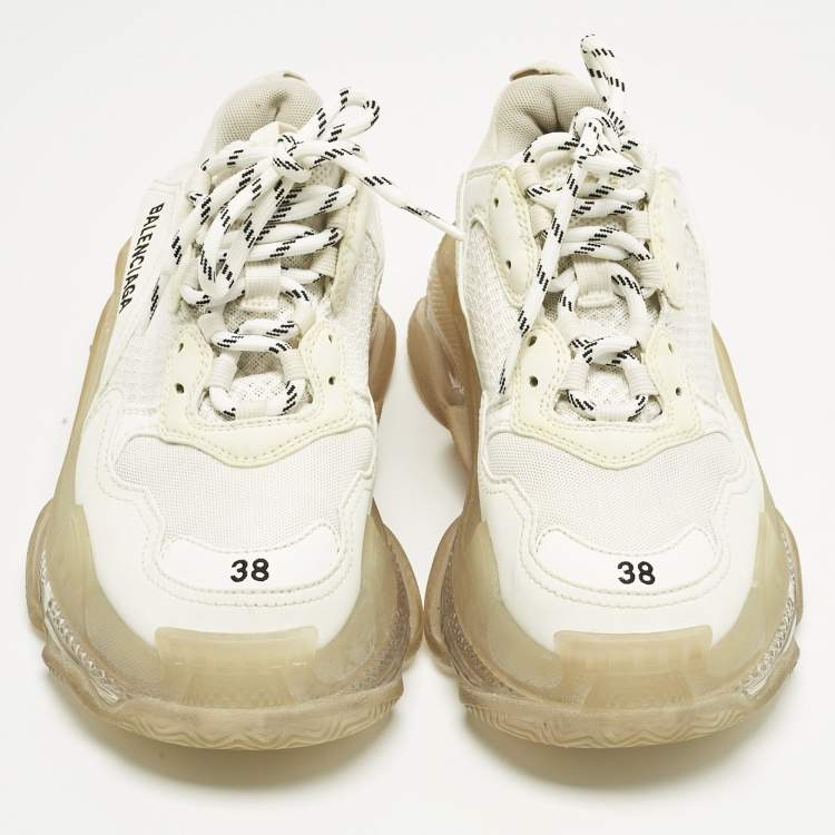 Pre Owned Balenciaga White Faux Leather and Mesh Triple S Sneakers Size 38