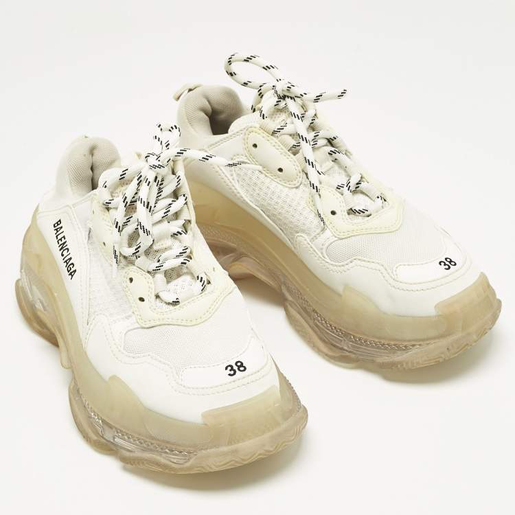 Pre Owned Balenciaga White Faux Leather and Mesh Triple S Sneakers Size 38