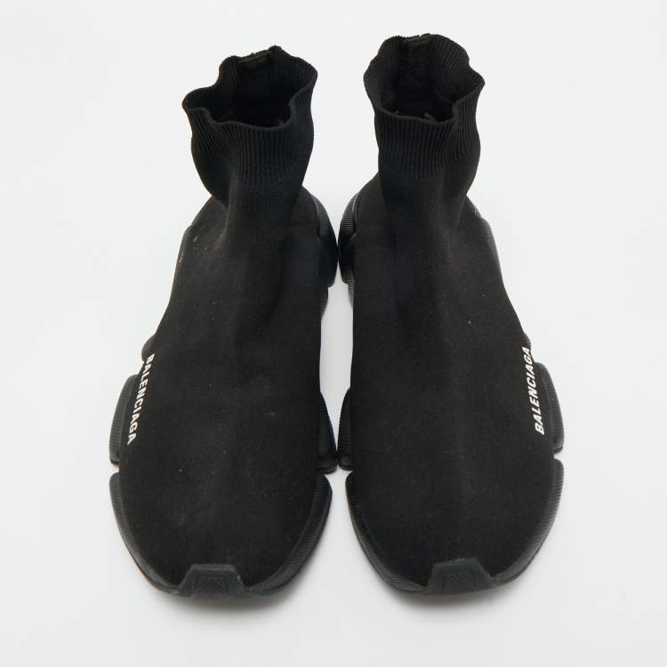 Pre Owned Balenciaga Black Knit Fabric Speed Trainer High Top Sneakers Size 39