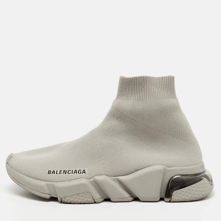 Pre Owned Balenciaga Light Grey Knit Fabric Speed Trainer Clear Sole Sneakers Size 38