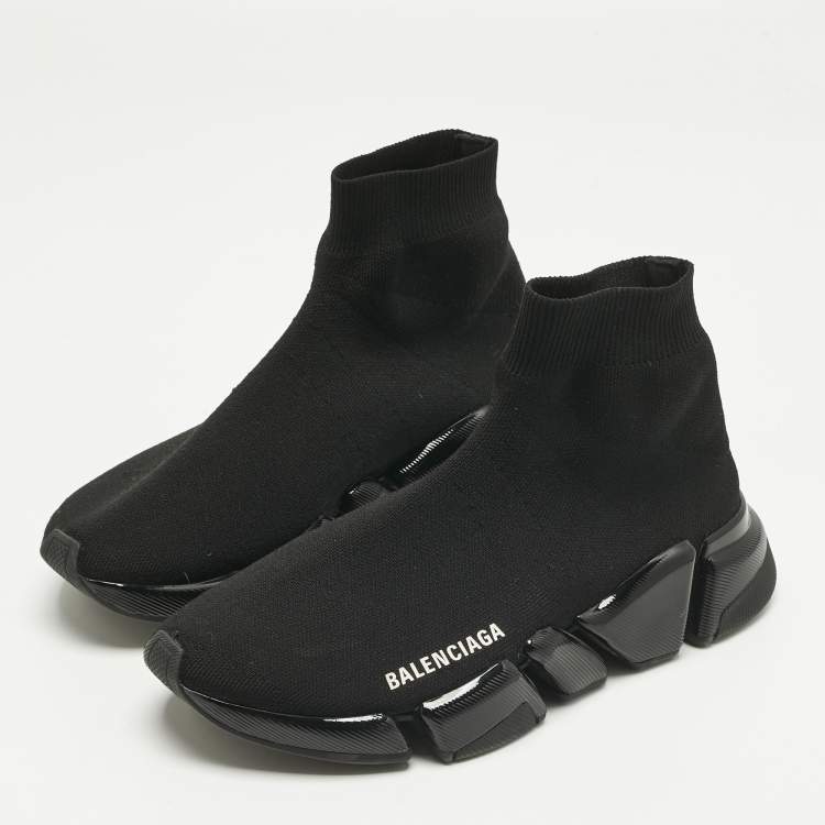 Pre Owned Balenciaga Black Knit Fabric Speed Trainer High Top Sneakers Size 37