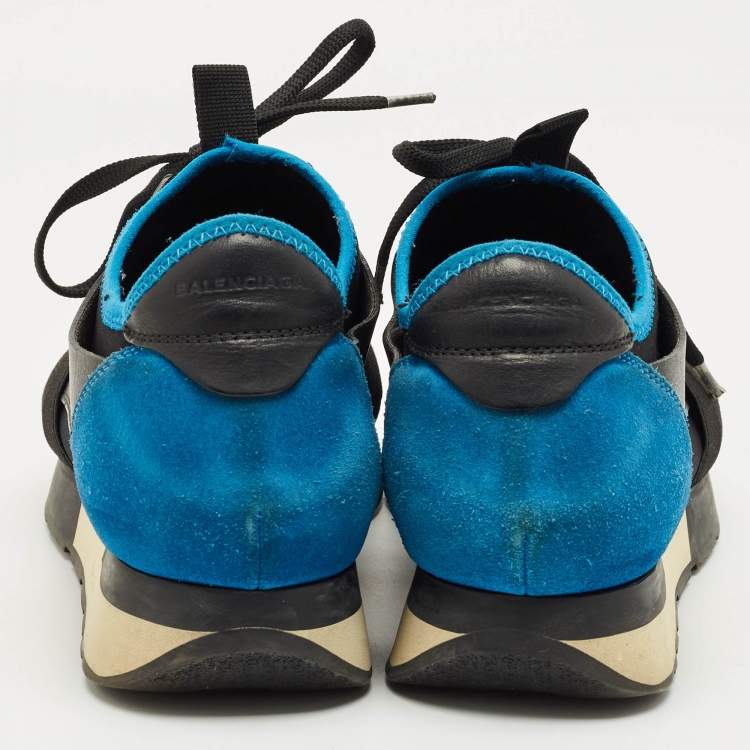 Pre Owned Balenciaga Black/Blue Fabric and Leather Race Runner Low Top Sneakers Size 39