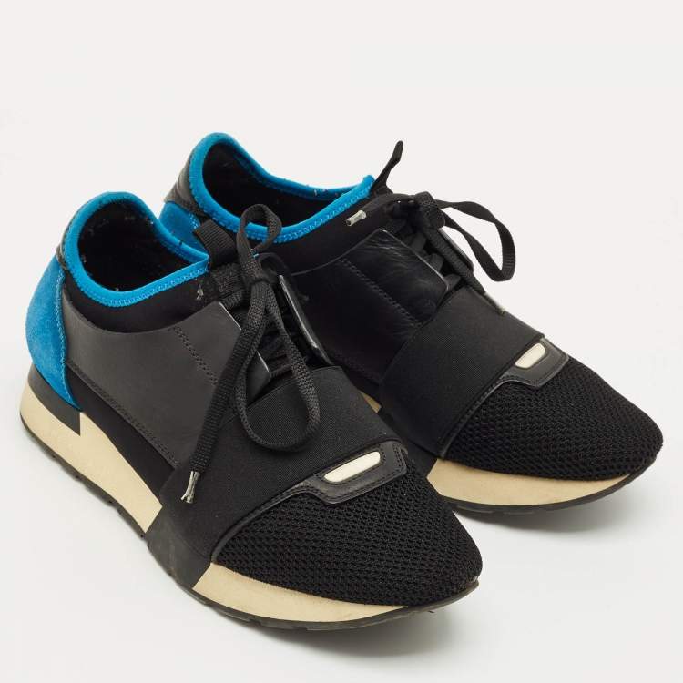 Pre Owned Balenciaga Black/Blue Fabric and Leather Race Runner Low Top Sneakers Size 39