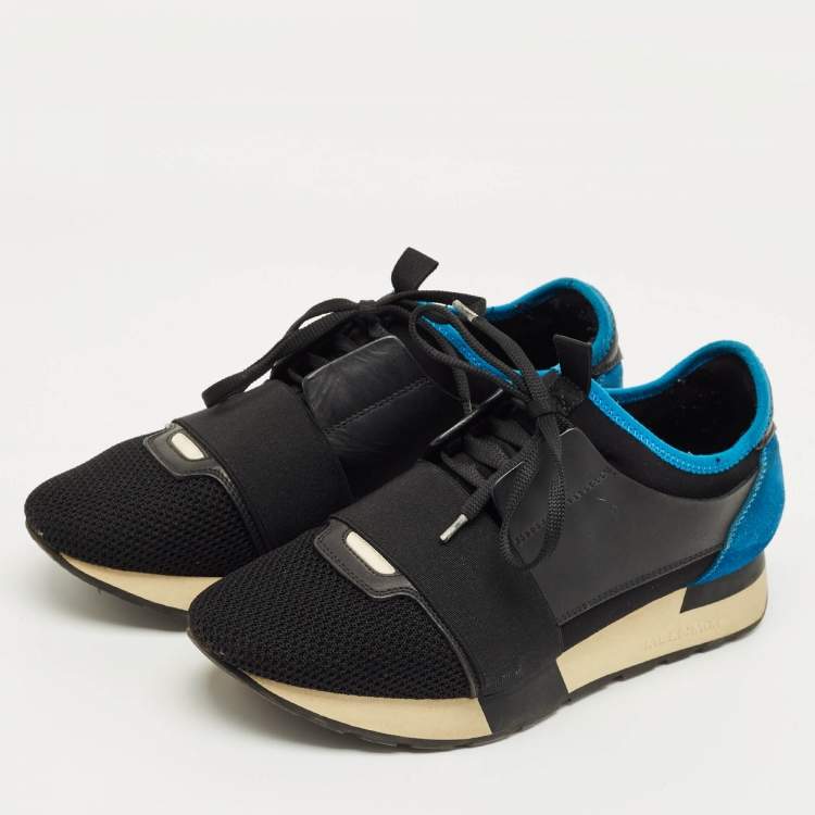 Pre Owned Balenciaga Black/Blue Fabric and Leather Race Runner Low Top Sneakers Size 39