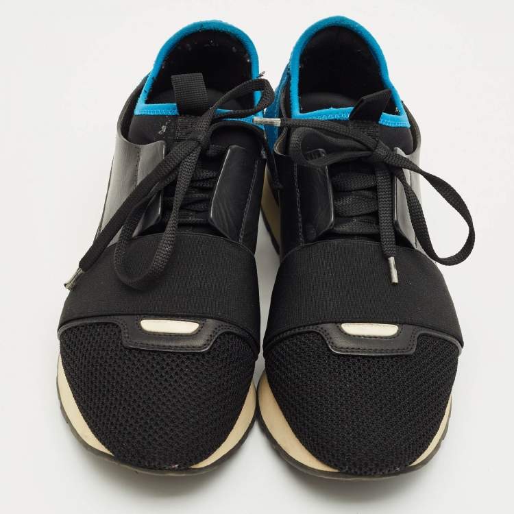 Pre Owned Balenciaga Black/Blue Fabric and Leather Race Runner Low Top Sneakers Size 39