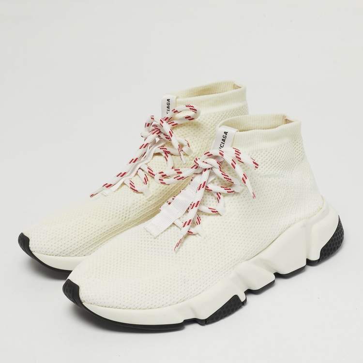 Pre Owned Balenciaga White Knit Fabric Speed Trainer High Top Sneakers Size 38