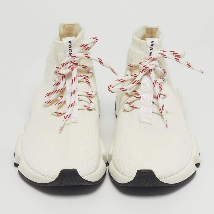 Pre Owned Balenciaga White Knit Fabric Speed Trainer High Top Sneakers Size 38