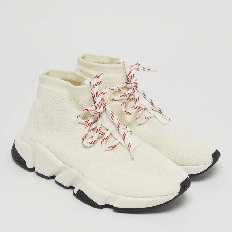 Pre Owned Balenciaga White Knit Fabric Speed Trainer High Top Sneakers Size 38