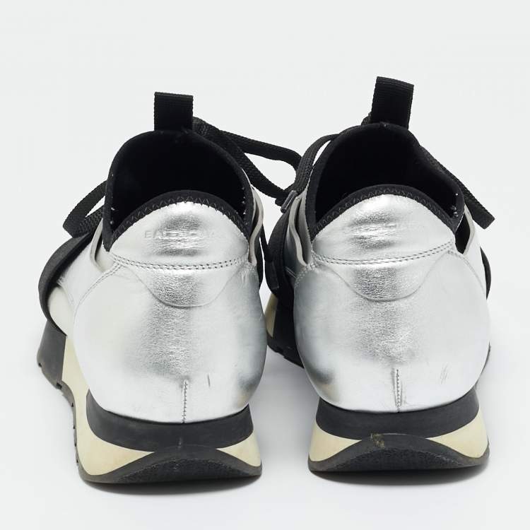 Pre Owned Balenciaga Silver Leather and Mesh Race Runner Low Top Sneakers Size 39