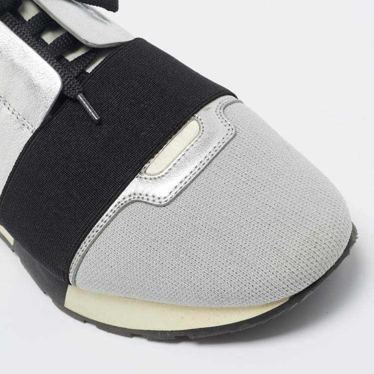 Pre Owned Balenciaga Silver Leather and Mesh Race Runner Low Top Sneakers Size 39
