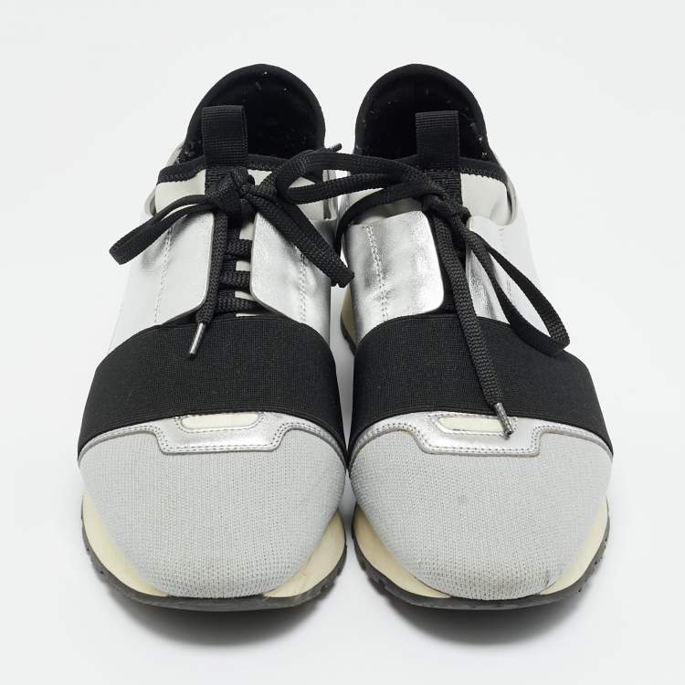 Pre Owned Balenciaga Silver Leather and Mesh Race Runner Low Top Sneakers Size 39