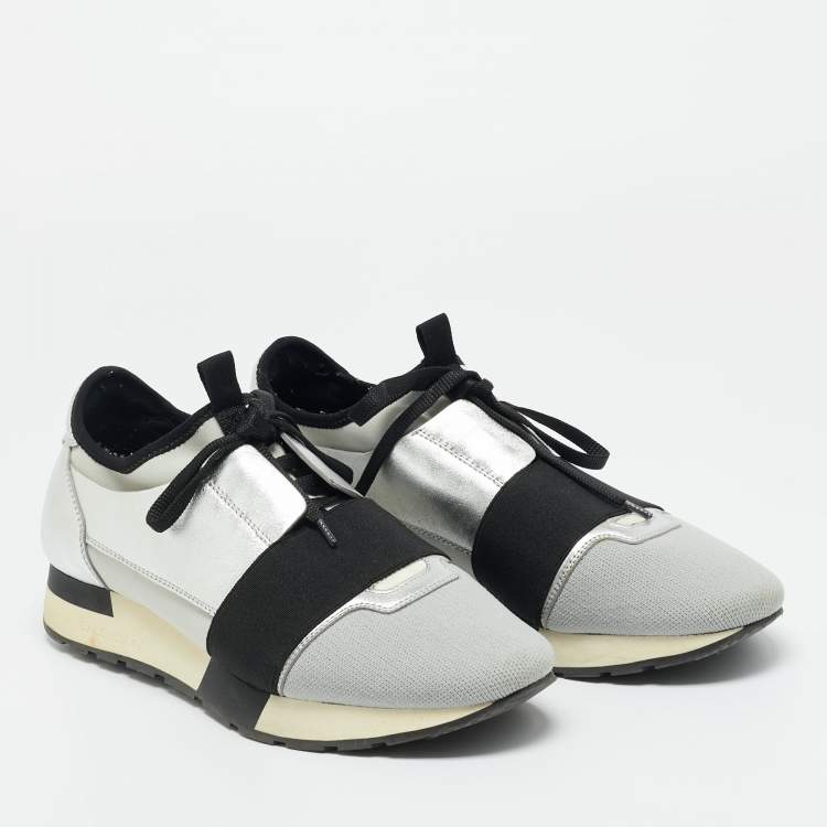 Pre Owned Balenciaga Silver Leather and Mesh Race Runner Low Top Sneakers Size 39