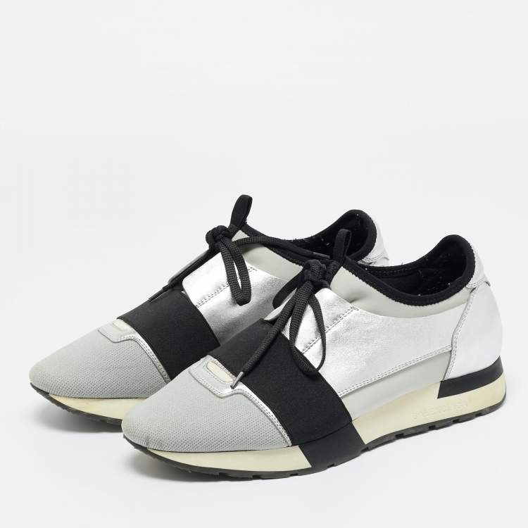 Pre Owned Balenciaga Silver Leather and Mesh Race Runner Low Top Sneakers Size 39