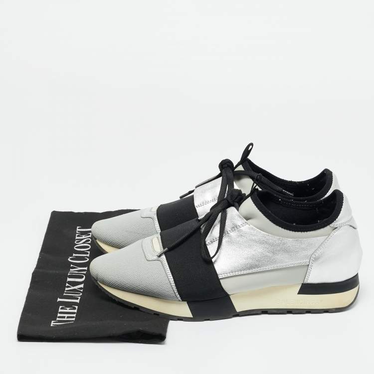 Pre Owned Balenciaga Silver Leather and Mesh Race Runner Low Top Sneakers Size 39