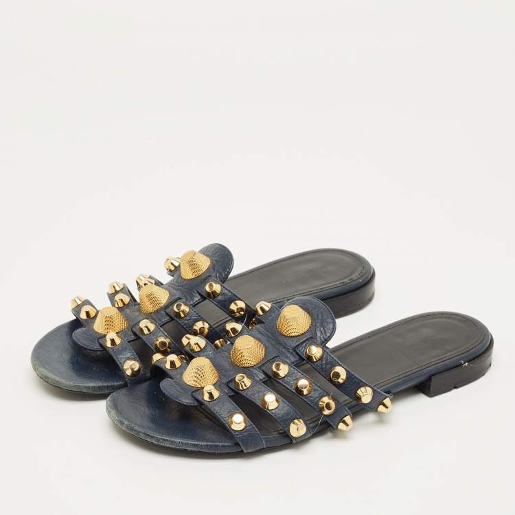 Pre Owned Balenciaga Navy Blue Leather Studded Arena Flat Slides Size 39