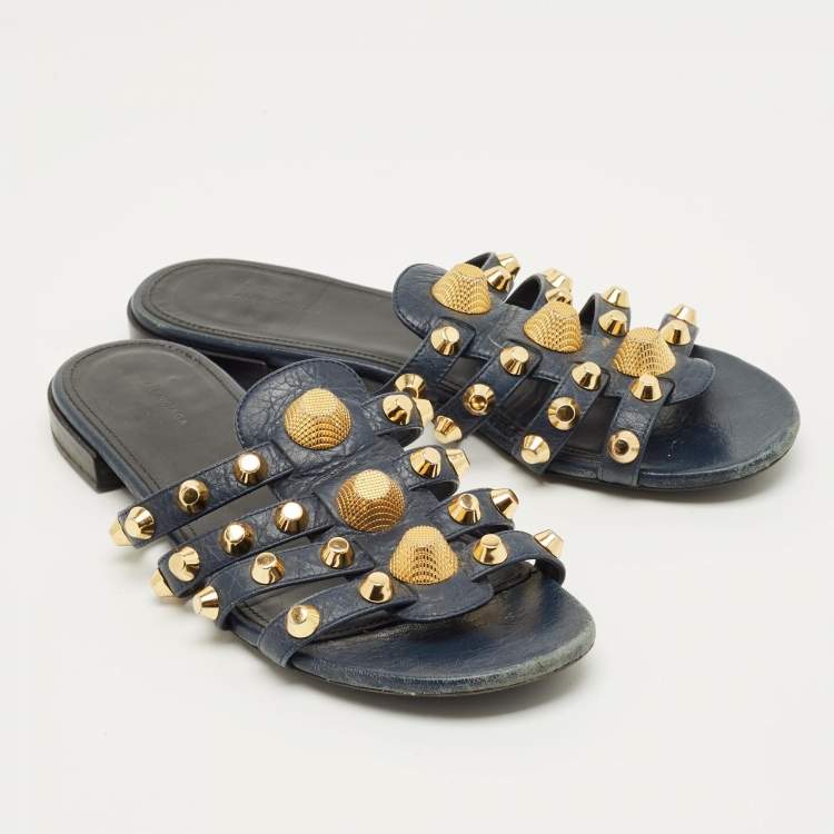 Pre Owned Balenciaga Navy Blue Leather Studded Arena Flat Slides Size 39