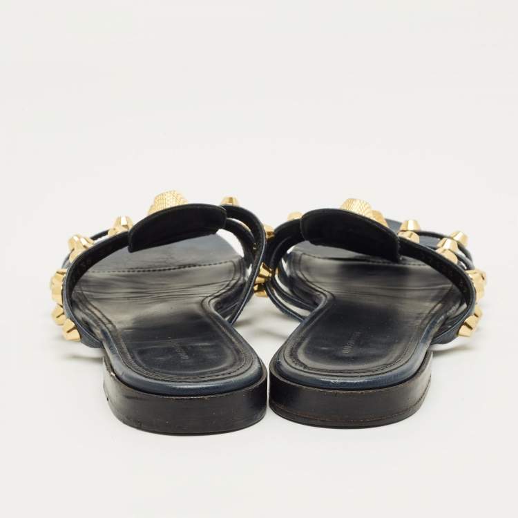 Pre Owned Balenciaga Navy Blue Leather Studded Arena Flat Slides Size 39