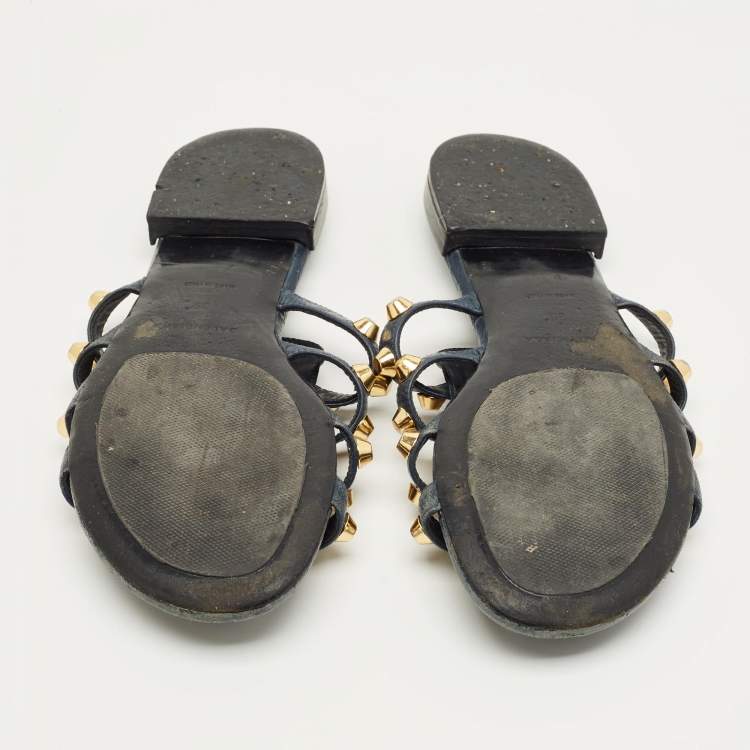 Pre Owned Balenciaga Navy Blue Leather Studded Arena Flat Slides Size 39