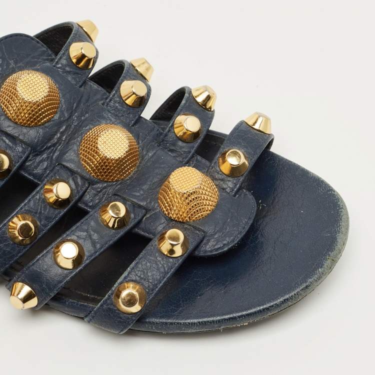 Pre Owned Balenciaga Navy Blue Leather Studded Arena Flat Slides Size 39