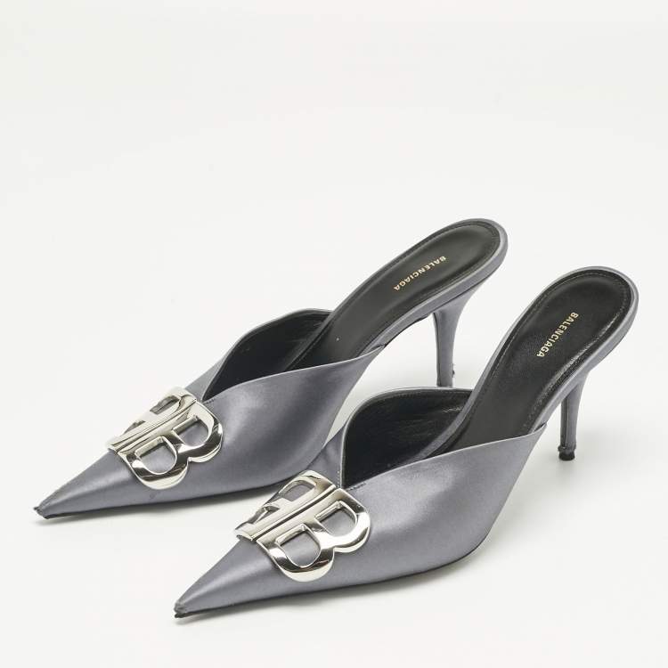 Pre Owned Balenciaga Grey Satin Knife Mules Size 38