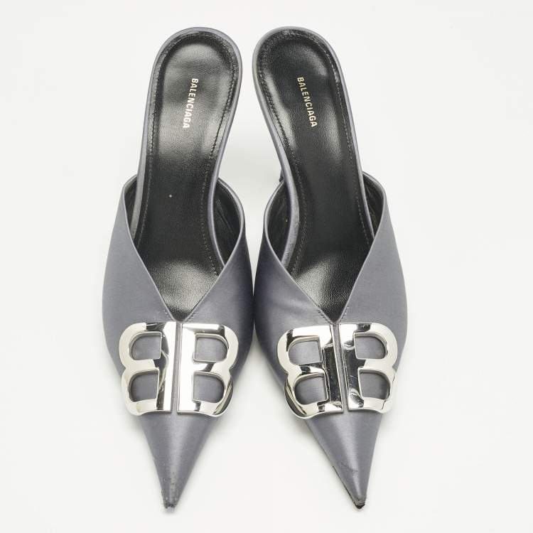 Pre Owned Balenciaga Grey Satin Knife Mules Size 38