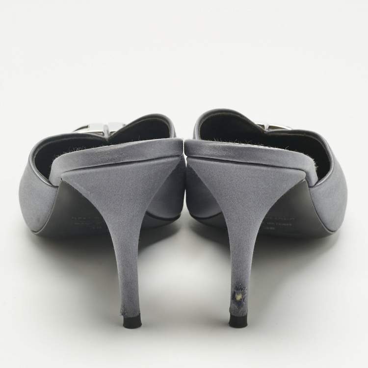 Pre Owned Balenciaga Grey Satin Knife Mules Size 38