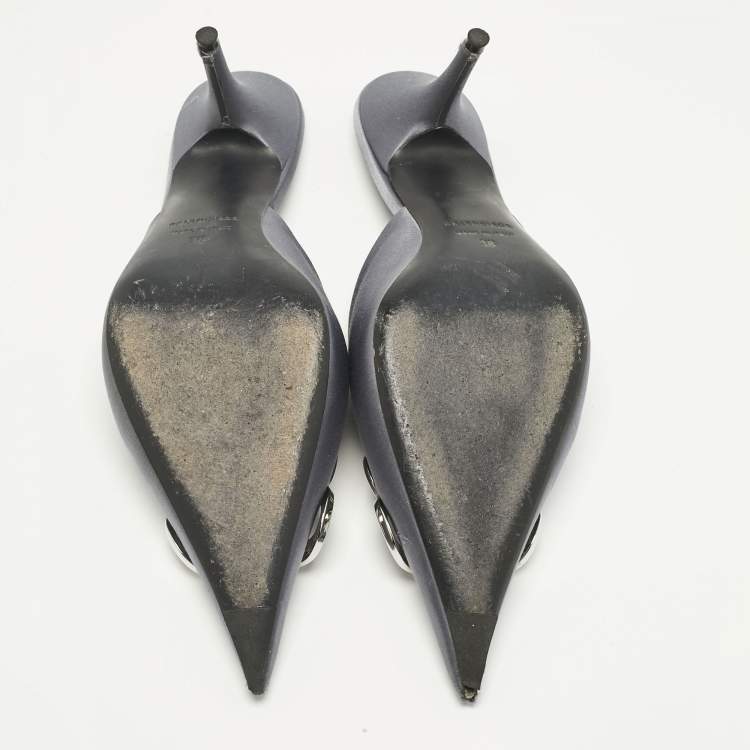 Pre Owned Balenciaga Grey Satin Knife Mules Size 38