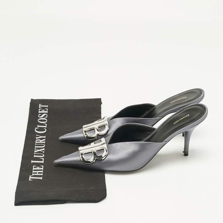 Pre Owned Balenciaga Grey Satin Knife Mules Size 38