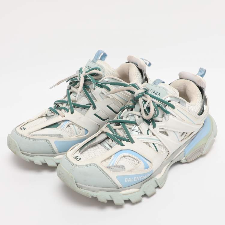Pre Owned Balenciaga White/Green Mesh and Faux Leather Track Sneakers Size 40