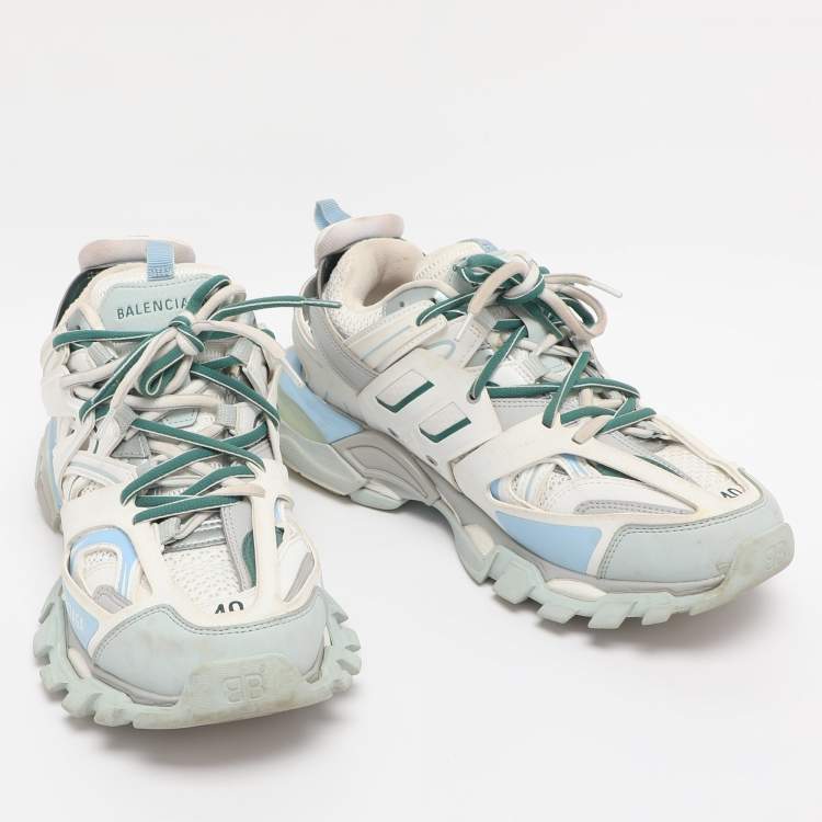 Pre Owned Balenciaga White/Green Mesh and Faux Leather Track Sneakers Size 40