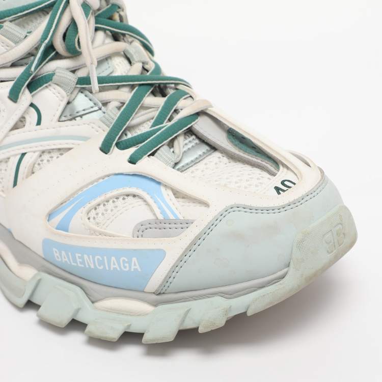 Pre Owned Balenciaga White/Green Mesh and Faux Leather Track Sneakers Size 40