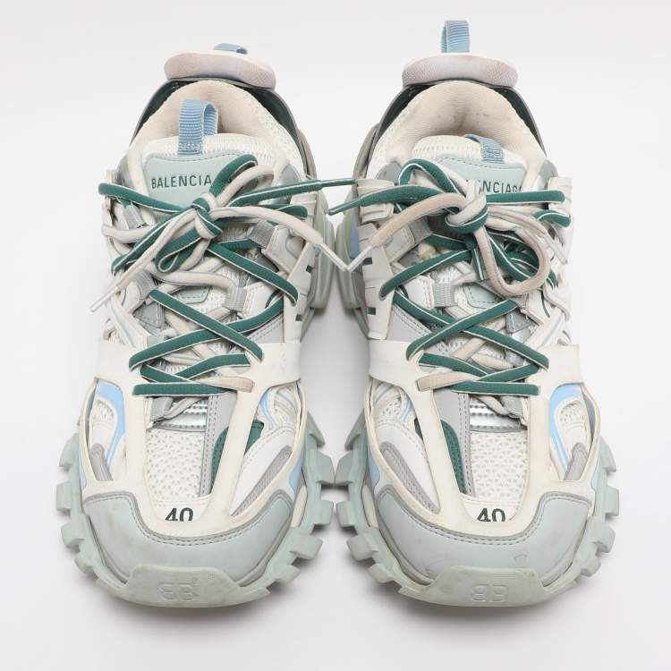Pre Owned Balenciaga White/Green Mesh and Faux Leather Track Sneakers Size 40