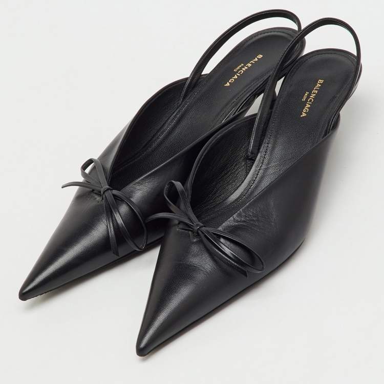 Pre Owned Balenciaga Black Leather Bow Knife Slingback Pumps Size 36