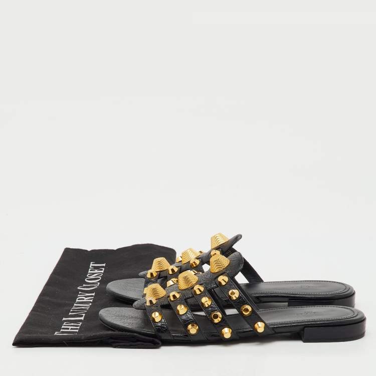 Pre Owned Balenciaga Black Leather Studded Arena Flat Slide Sandals Size 39