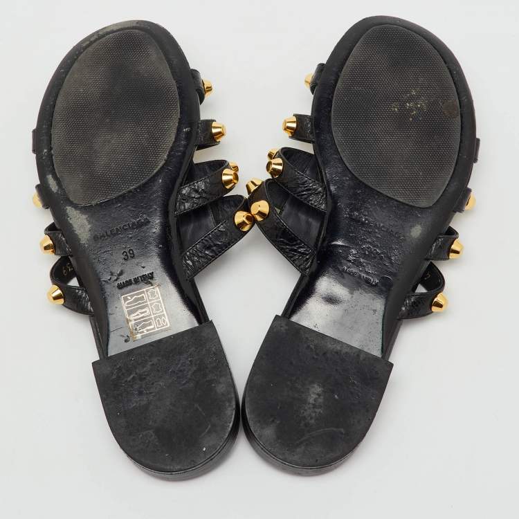 Pre Owned Balenciaga Black Leather Studded Arena Flat Slide Sandals Size 39