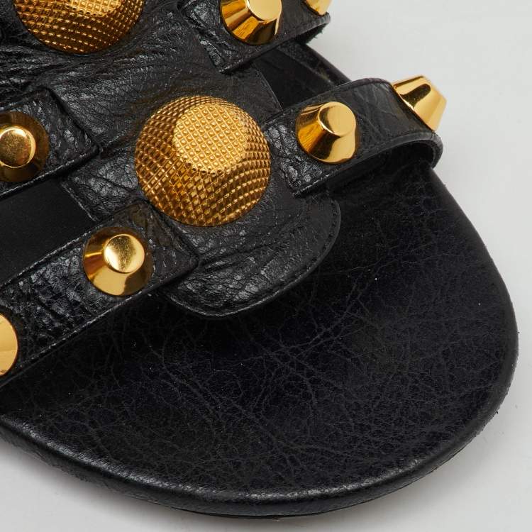 Pre Owned Balenciaga Black Leather Studded Arena Flat Slide Sandals Size 39