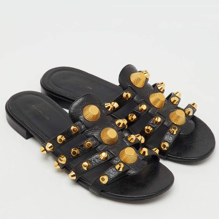 Pre Owned Balenciaga Black Leather Studded Arena Flat Slide Sandals Size 39