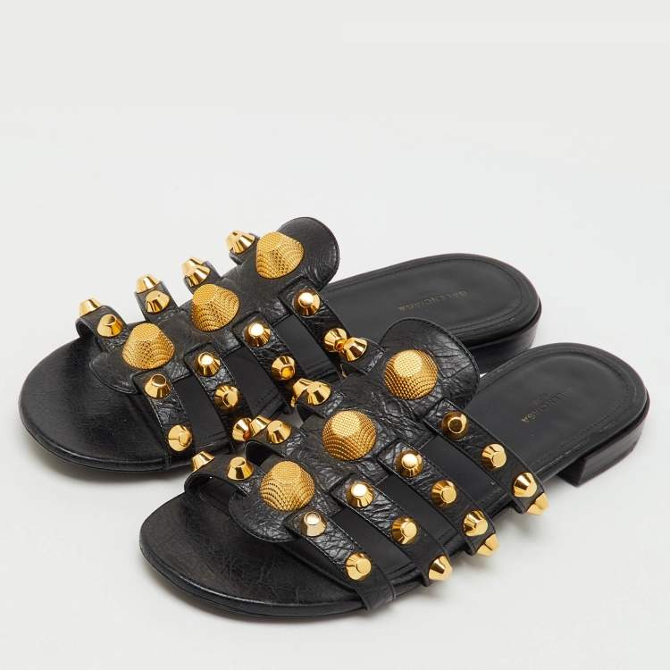 Pre Owned Balenciaga Black Leather Studded Arena Flat Slide Sandals Size 39