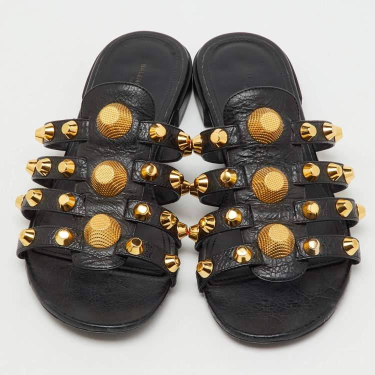 Pre Owned Balenciaga Black Leather Studded Arena Flat Slide Sandals Size 39