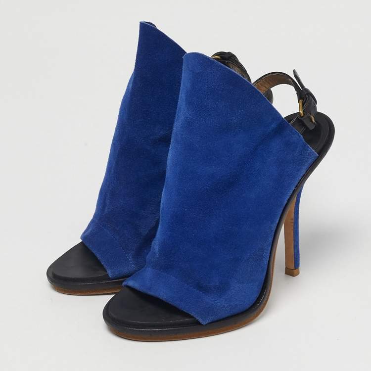 Pre Owned Balenciaga Blue Suede And Black Leather Glove Open Toe Slingback Sandals Size 35